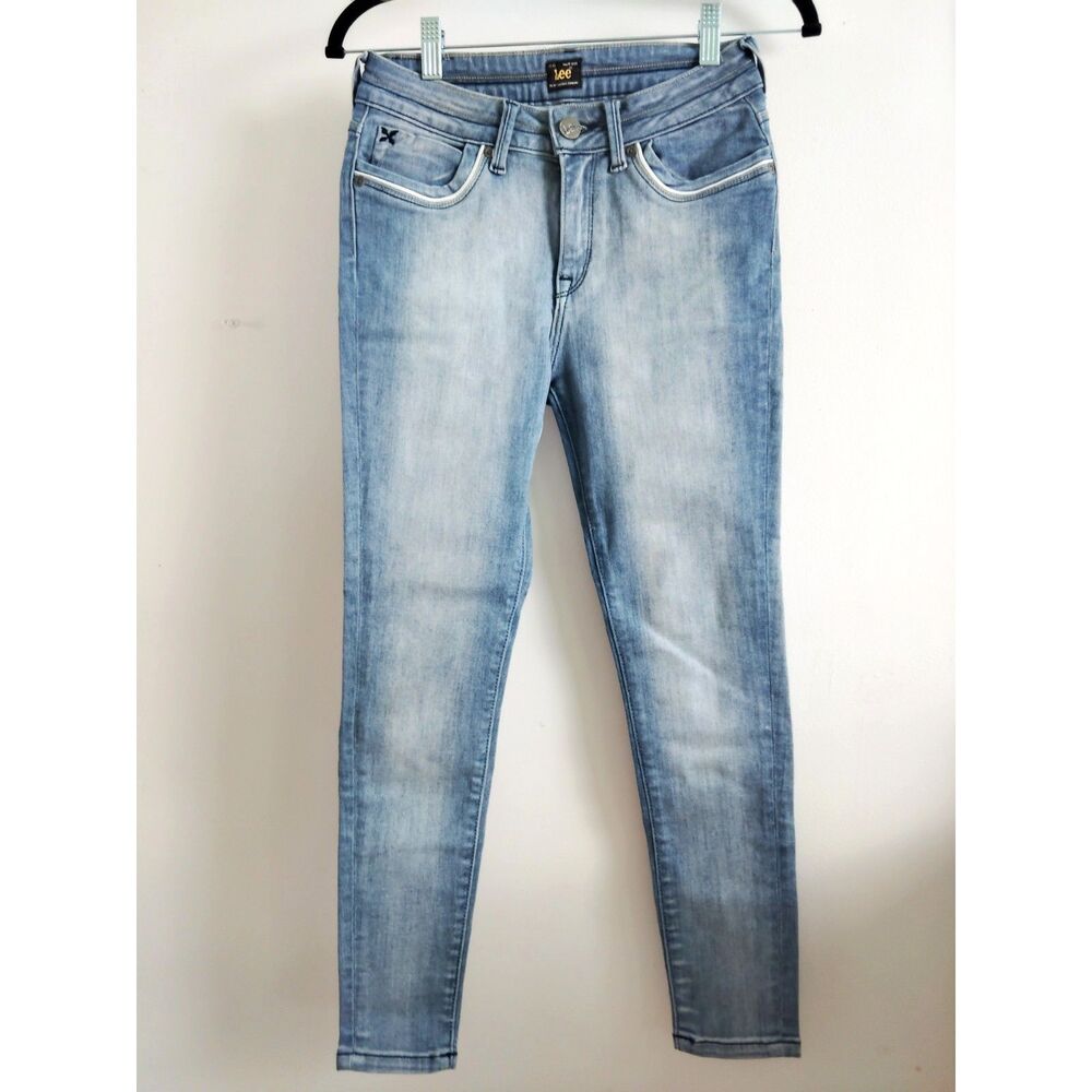Lee Womens High Waisted Sun Faded Light Blue Skinny Denim Jeans Sz28